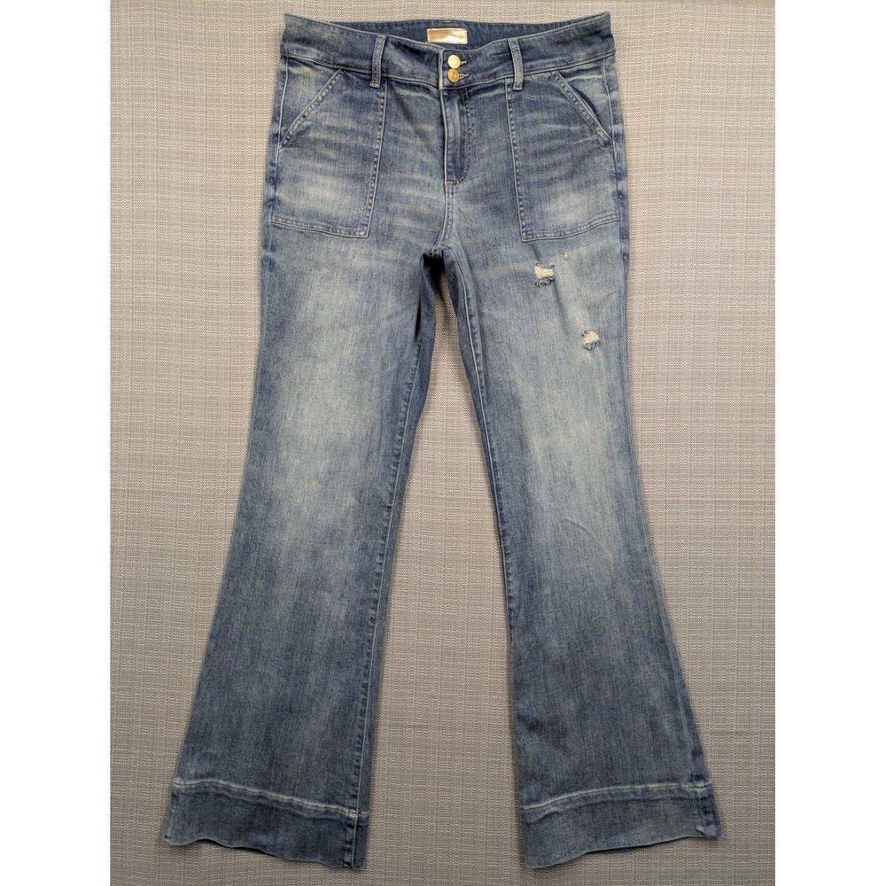 KUT From The Kloth Ana Flare Jeans Womens 14 Blue High Rise Distressed Denim